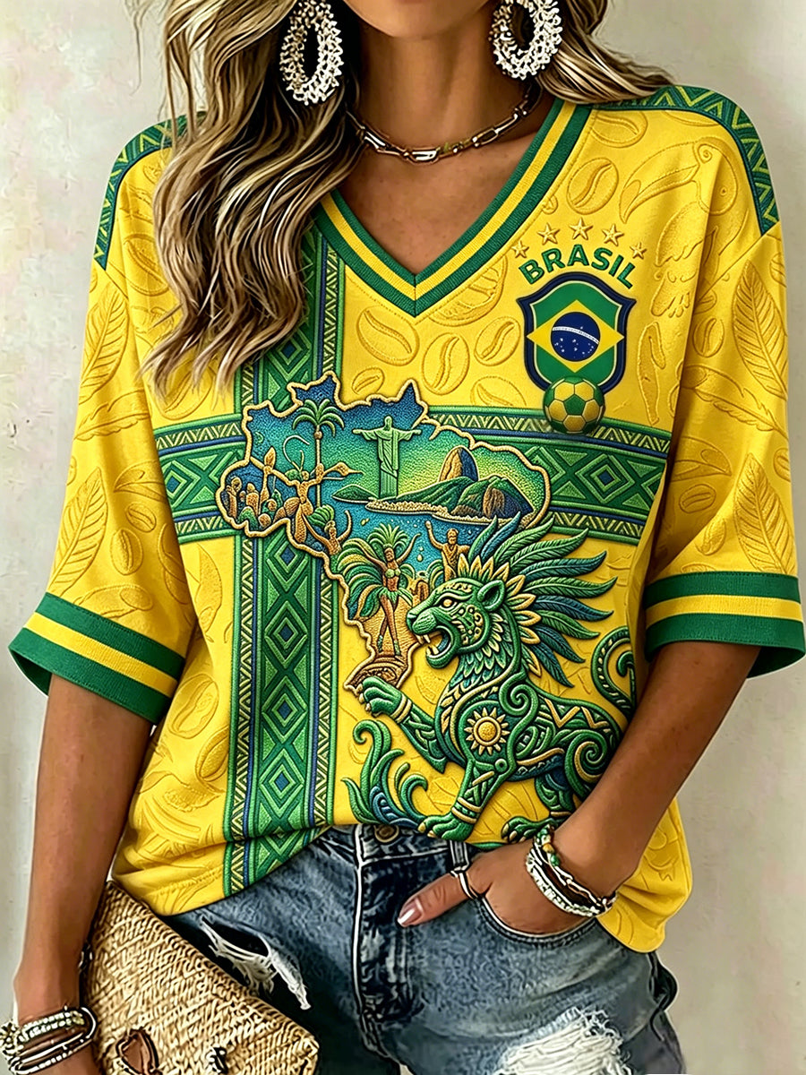 Women's Brazilian Football Inspired Print Mid-length Sleeves V-Neck T-Shirt