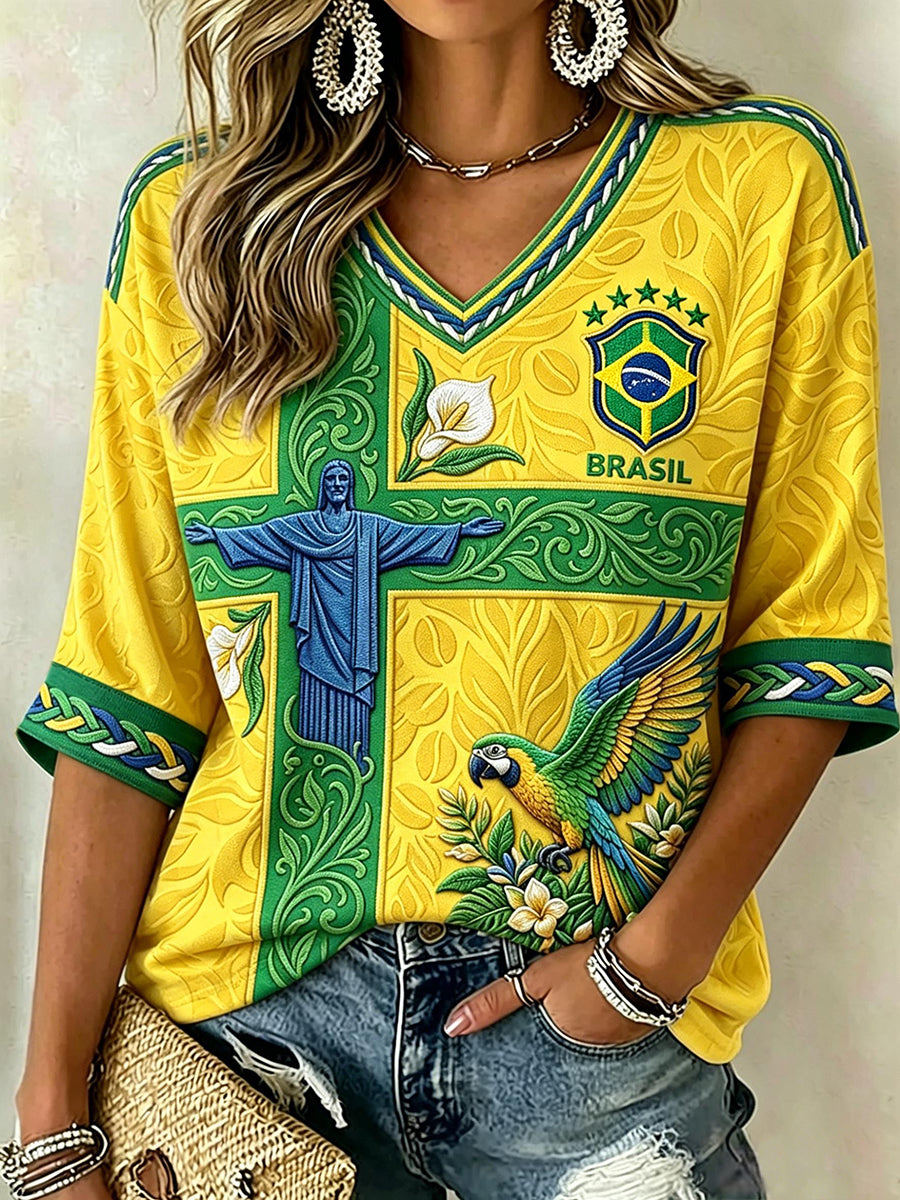 Women's Brazilian Football Inspired Pattern Print Mid-length Sleeves V-Neck T-Shirt