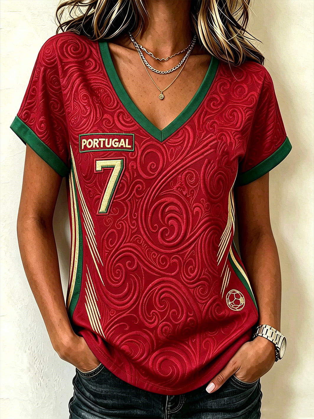 Women's color-blocking design football element casual short-sleeve T-shirt