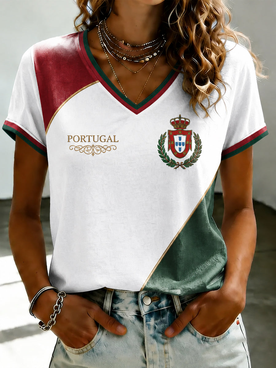 Women's Portuguese Football Printed V-neck T-shirt
