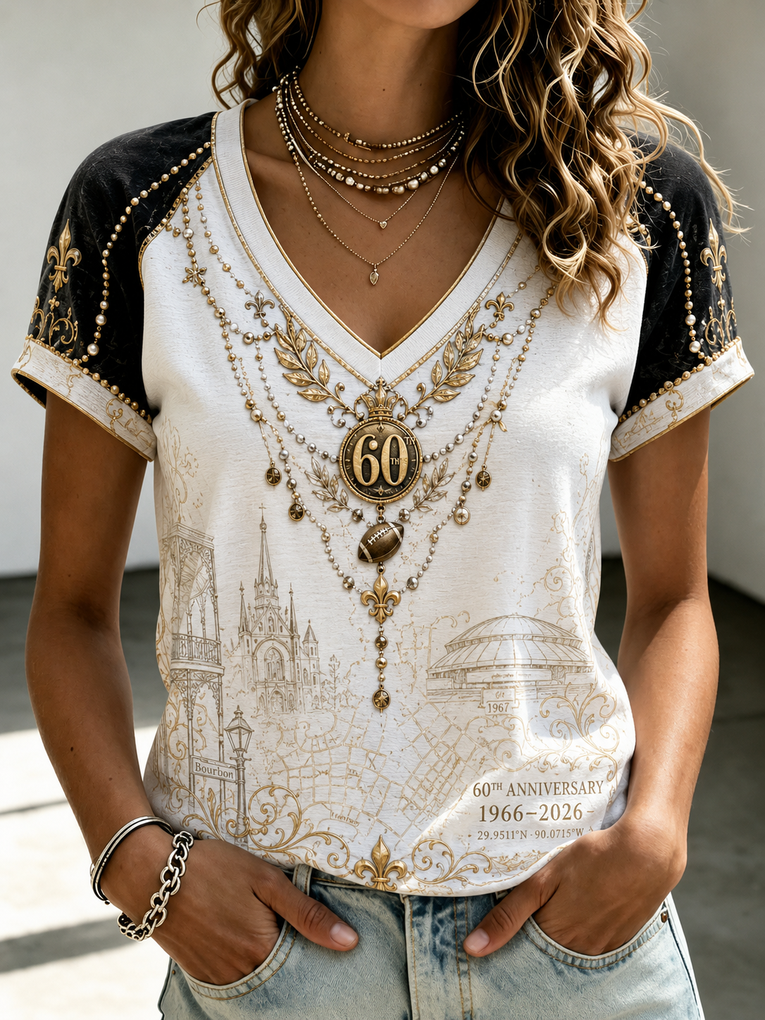 Women's New Orleans Saints V-Neck Off-Shoulder Short-Sleeved T-Shirt