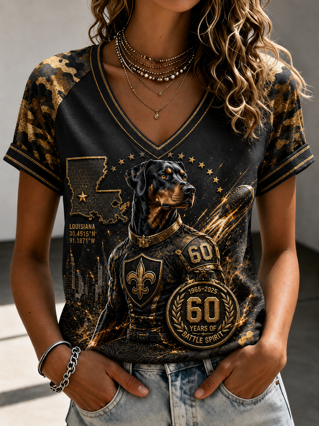 Women's New Orleans Saints V-Neck Off-Shoulder Short-Sleeved T-Shirt