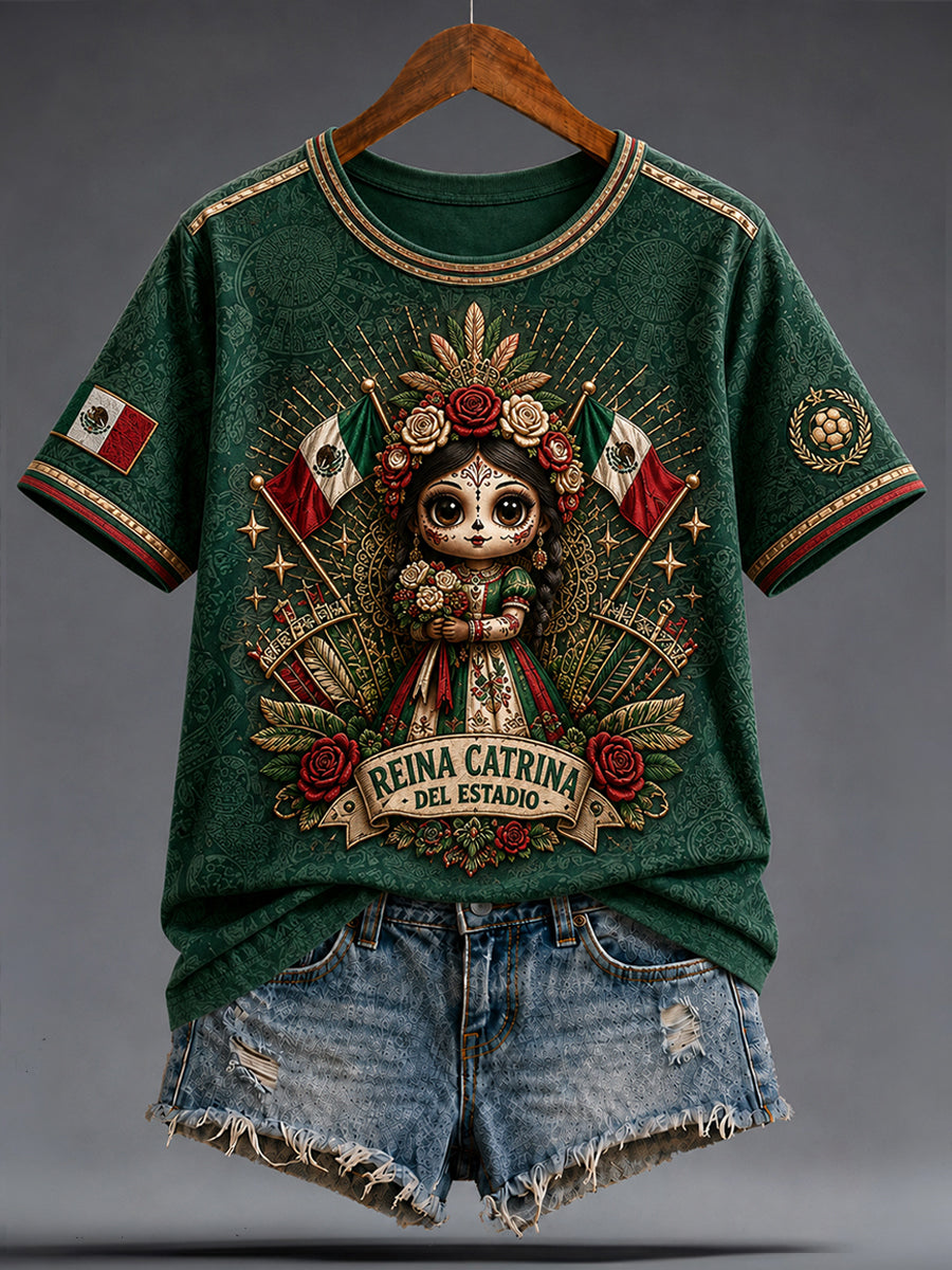 Women's Mexico Football Lover La Catrina Lele Doll Art Printed T-shirt