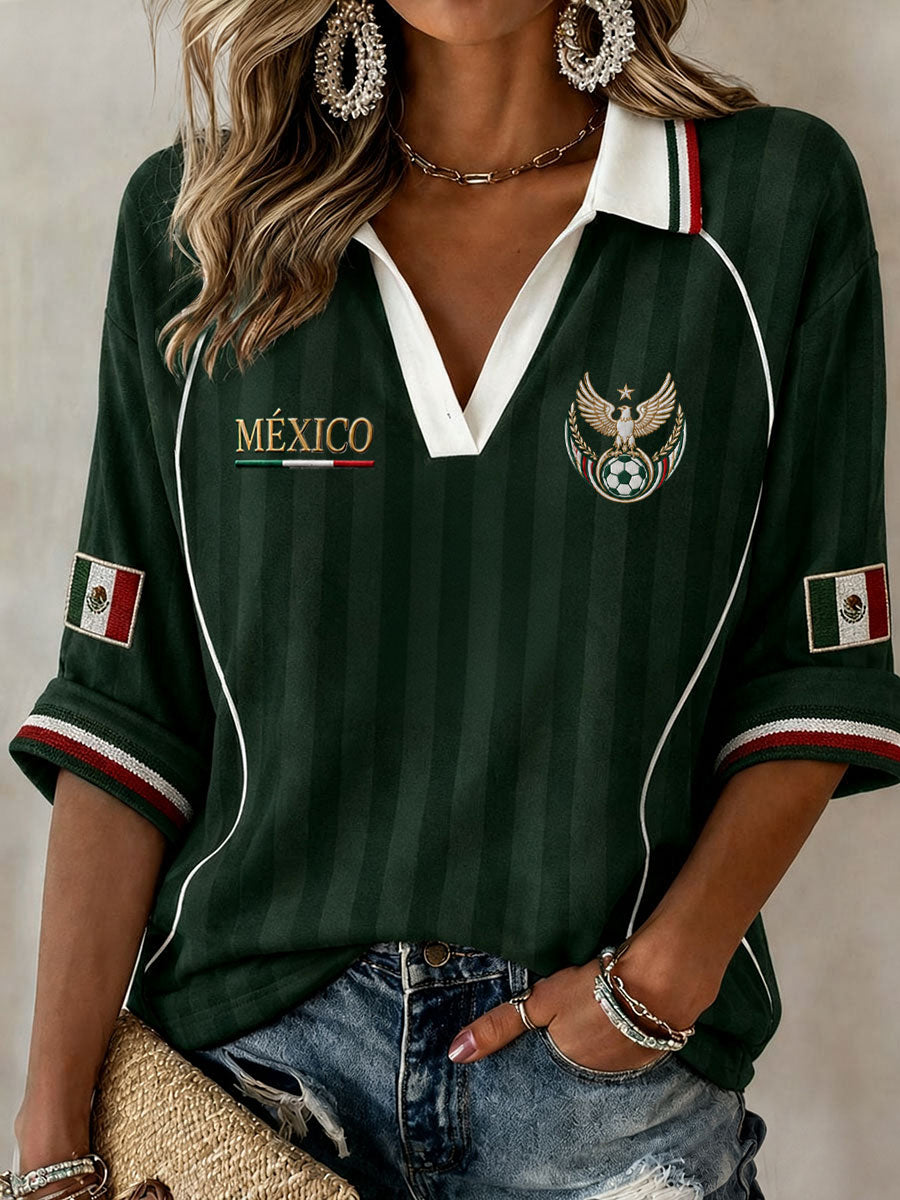 Women's Mexico Football Lover Art Mid-length Sleeves V-Neck T-Shirt