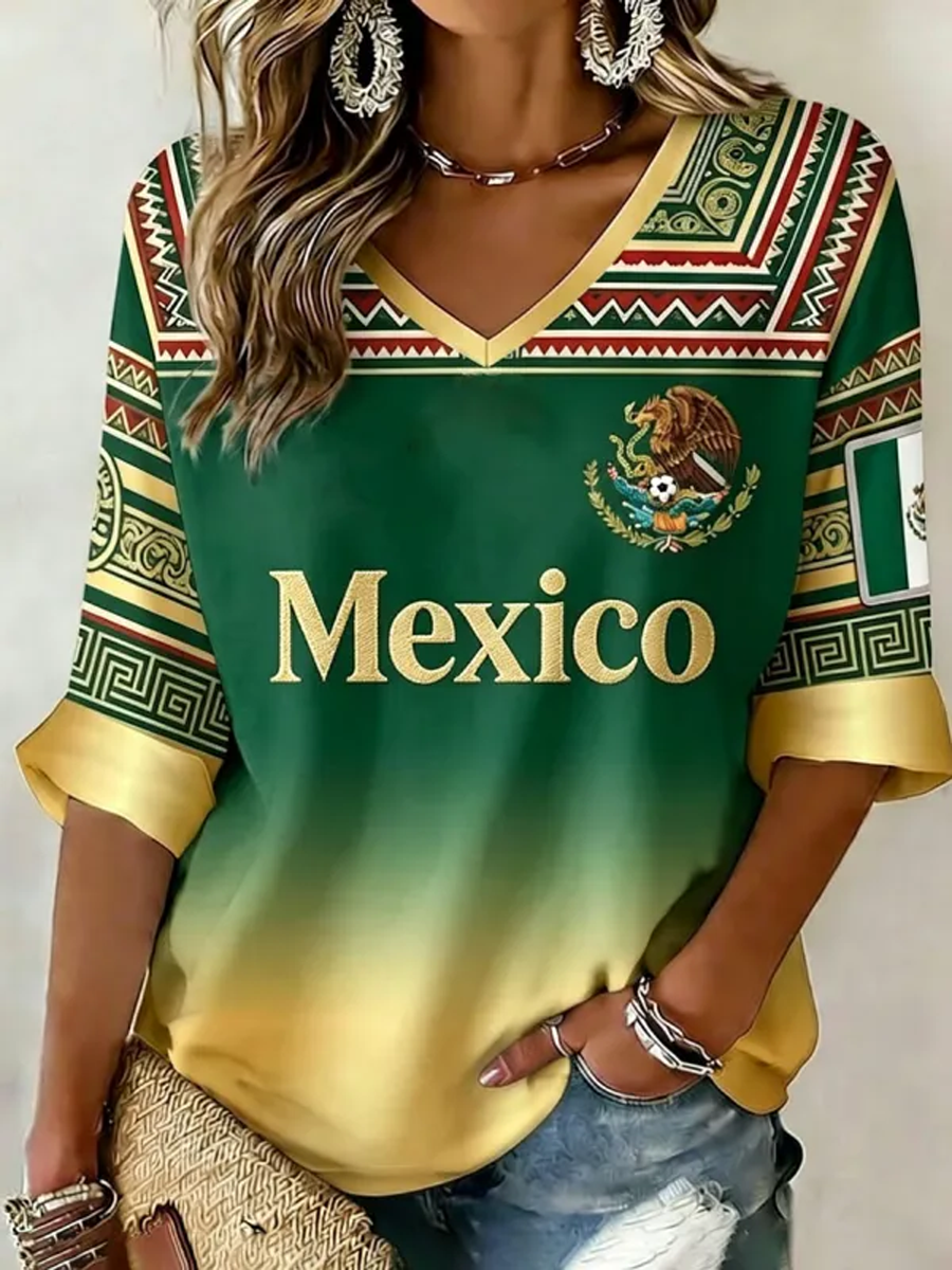 Women's Mexico Printed Mid-length Sleeves V-Neck T-Shirt