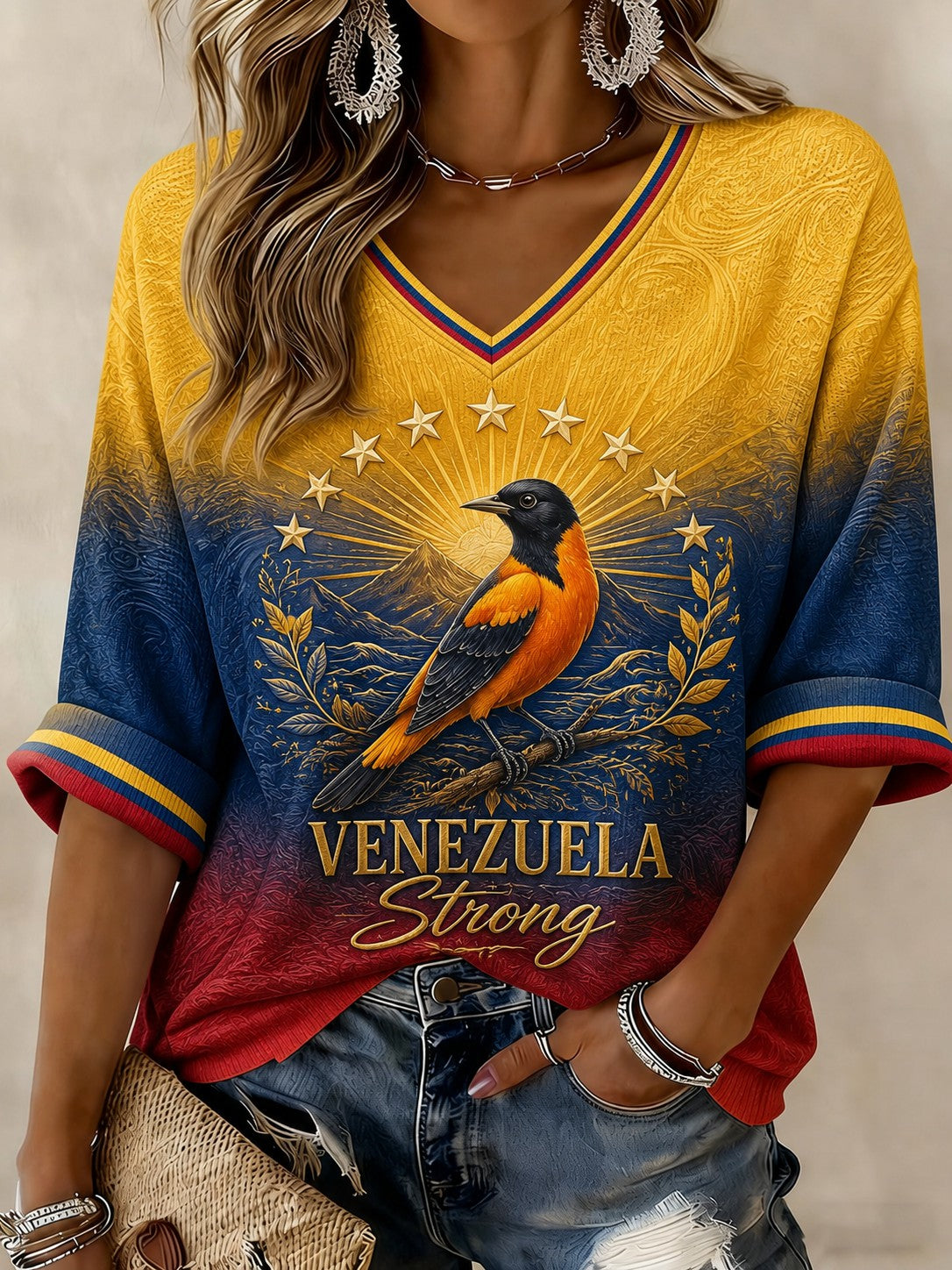 Women's Troupial Venezuela Strong Printed Mid-length Sleeves V-neck T-shirt