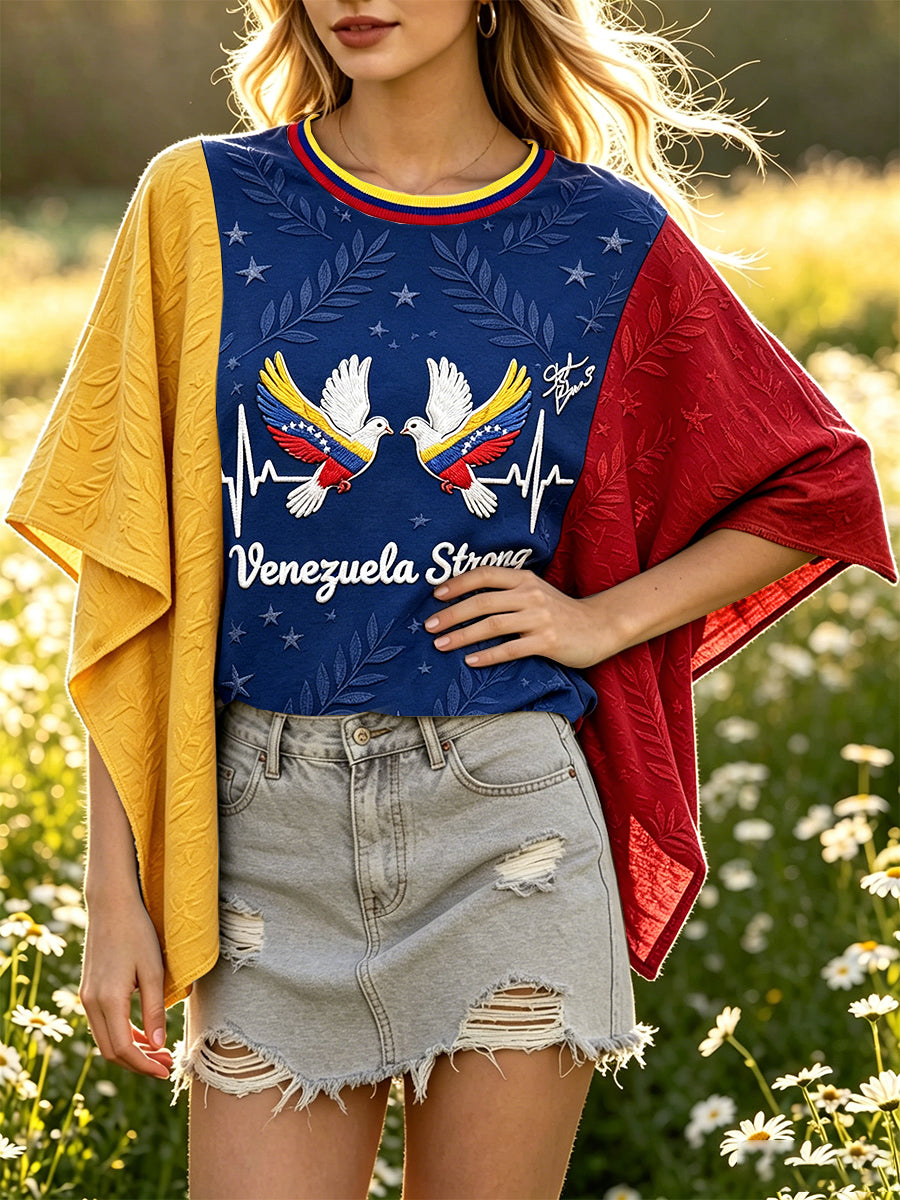 Women’s Venezuelan White Dove Print Casual Loose-Fit Batwing Sleeve T-shirt