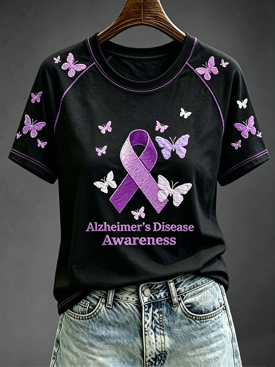 Women's Purple Ribbon Awareness Print Contrast Sleeve Round Neck T-shirt