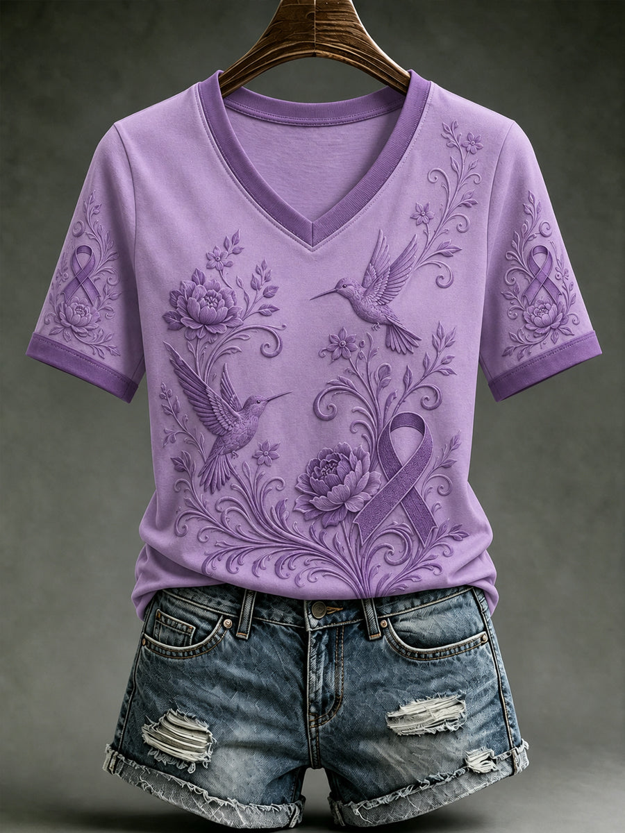 Women's Alzheimer's Awareness Dementia Support Purple Ribbon Purple Floral & Hummingbird Art Tee