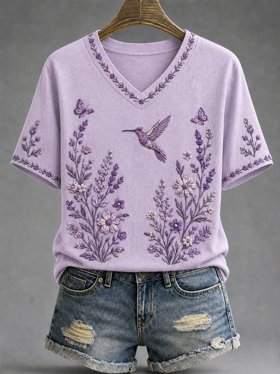 Women's Purple Floral & Hummingbird Print Alzheimer's Awareness Support V-Neck Tee
