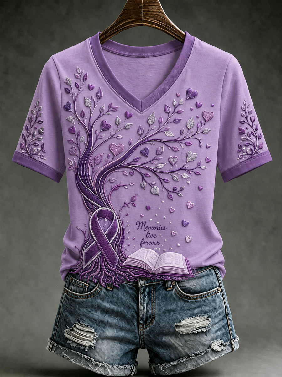 Women's Alzheimer's Awareness Dementia Support Purple Ribbon Purple Floral & Hummingbird Art Tee