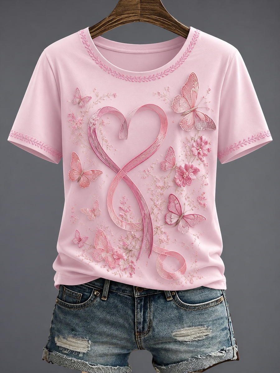Women's Breast Cancer Pink Flowers Printed T-shirt