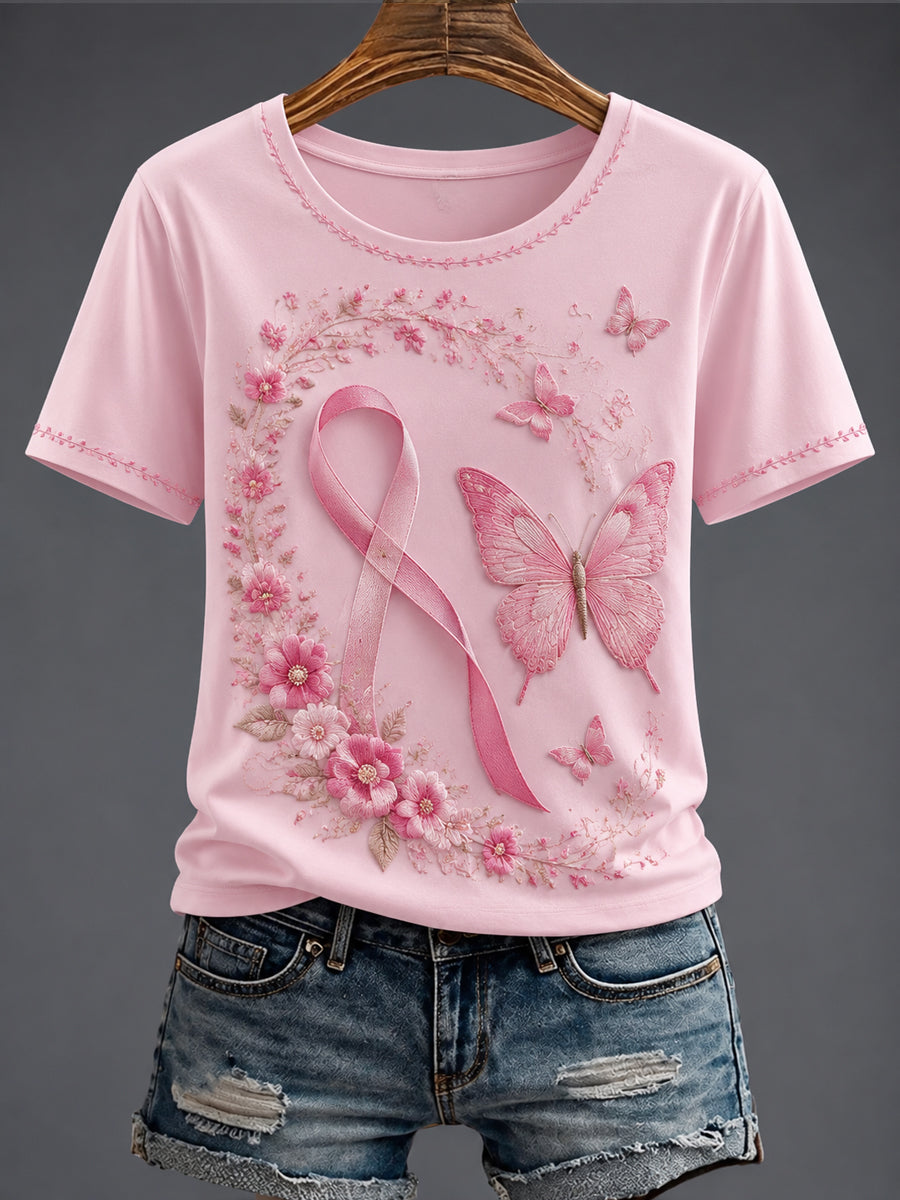 Women's Breast Cancer Pink Flowers Printed T-shirt