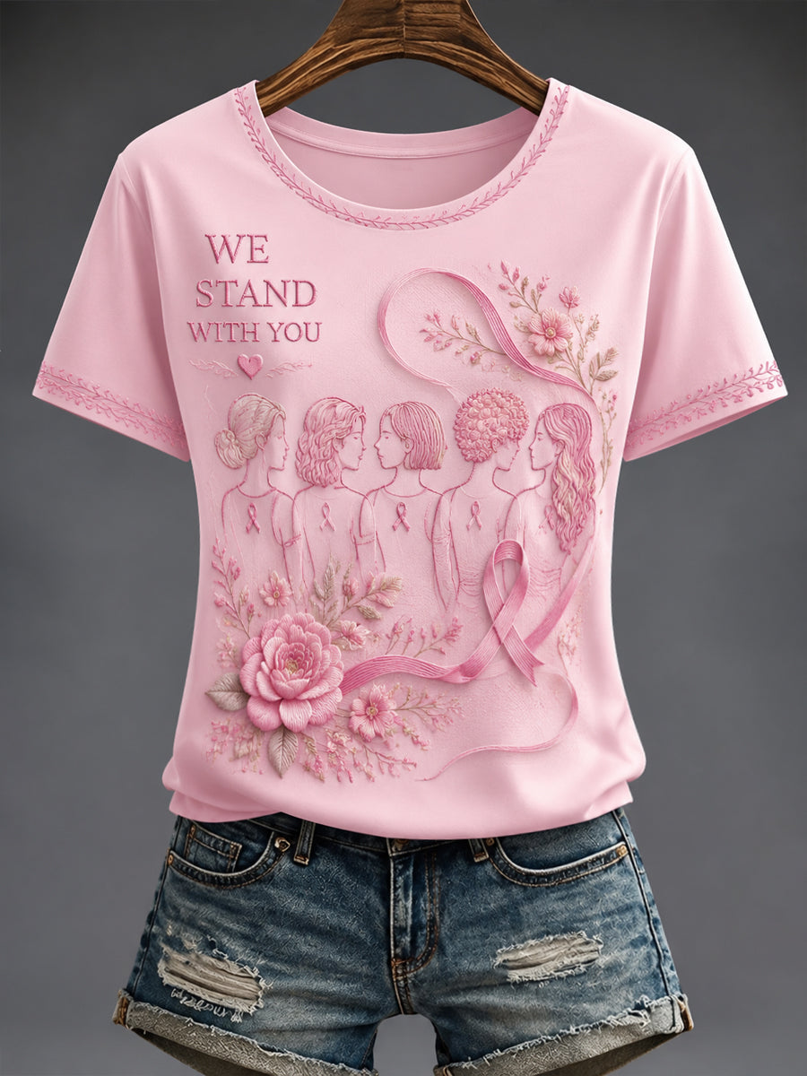 Women's Breast Cancer Pink Flowers Printed T-shirt