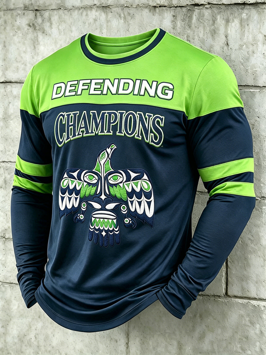 Men's Rugby Seattle Printed Crew Neck Casual Long T-shirt