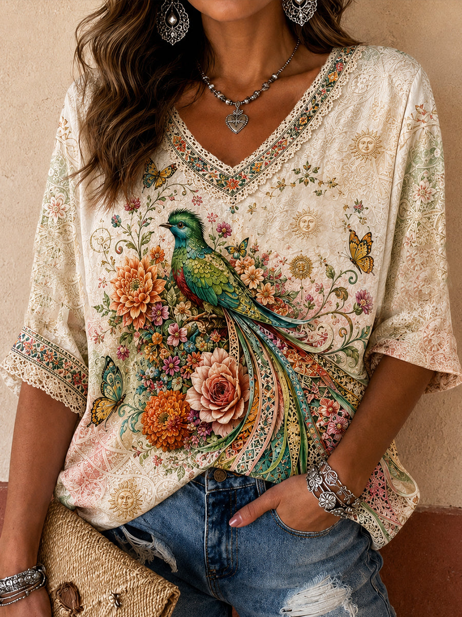 Women's Mexico Guelaguetza Resplendent Quetzal Art Printed T-shirt