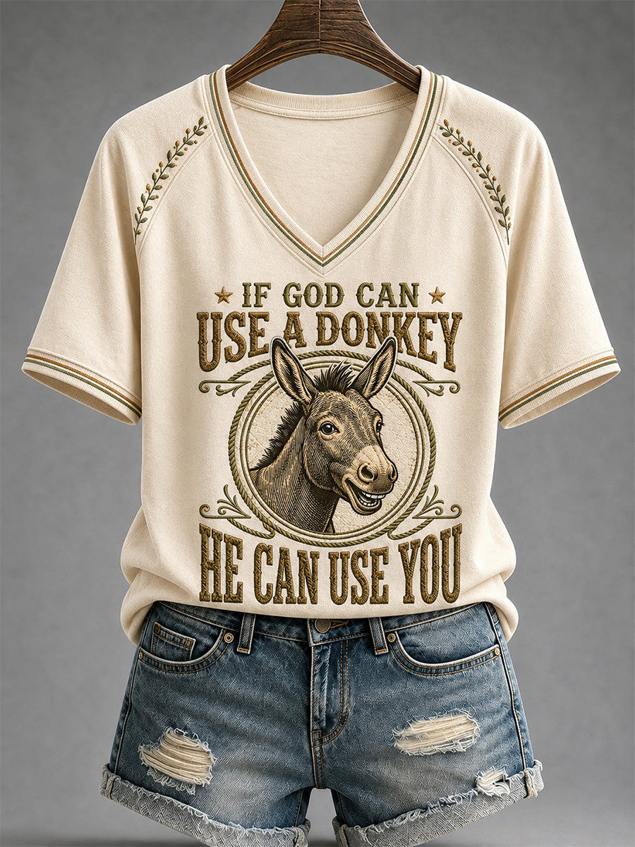 Women's Funny Donkey If God Can Use Donkey He Can Use You Print Casual V-Neck Tee