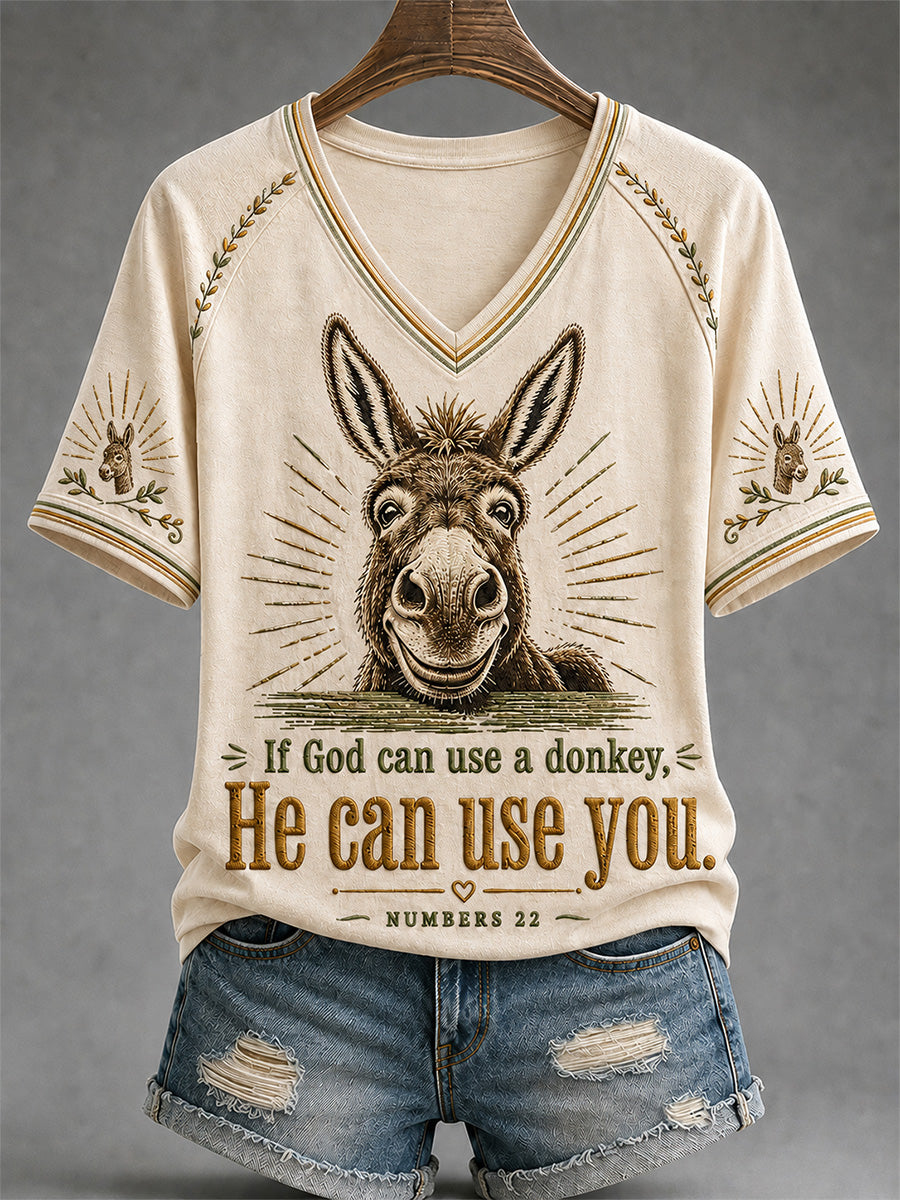 Women's Funny Donkey If God Can Use Donkey He Can Use You Print Casual V-Neck Tee