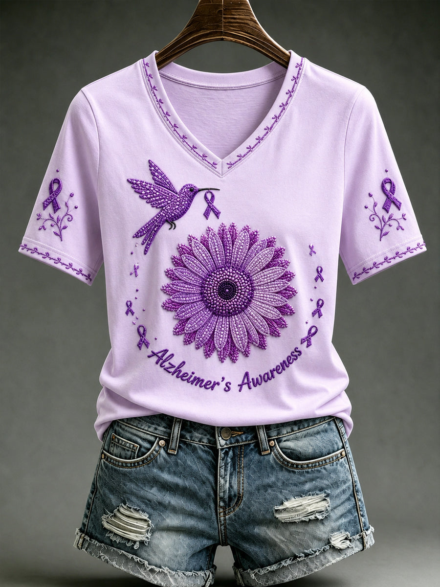 Women's Alzheimer's Awareness Support Purple Floral Purple Floral & Hummingbird Art Short Sleeve V-Neck Shirt