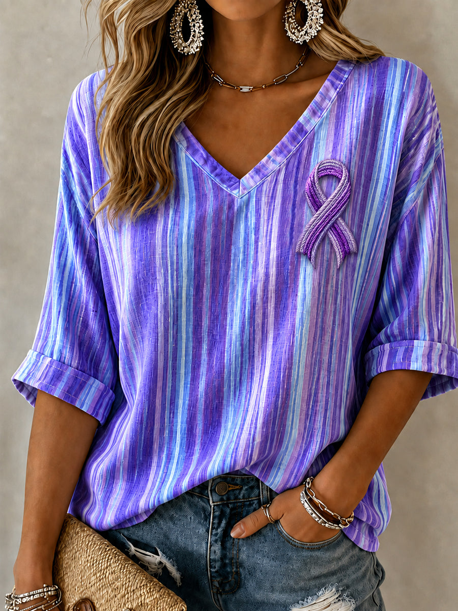 Women's Alzheimer's Awareness Support Purple Floral Art Linen V-Neck Shirt