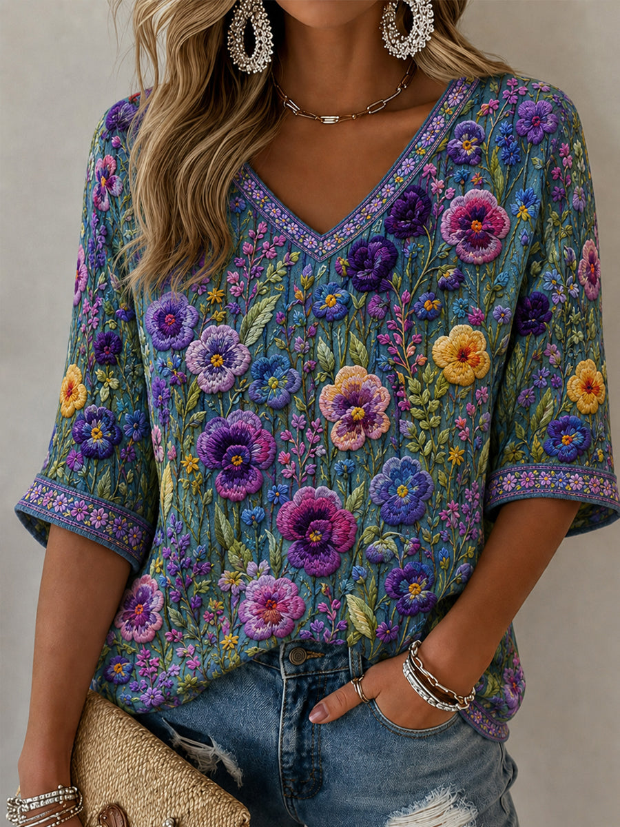 Women's Alzheimer's Awareness Support Purple Floral Art Mid-length Sleeves V-Neck T-Shirt
