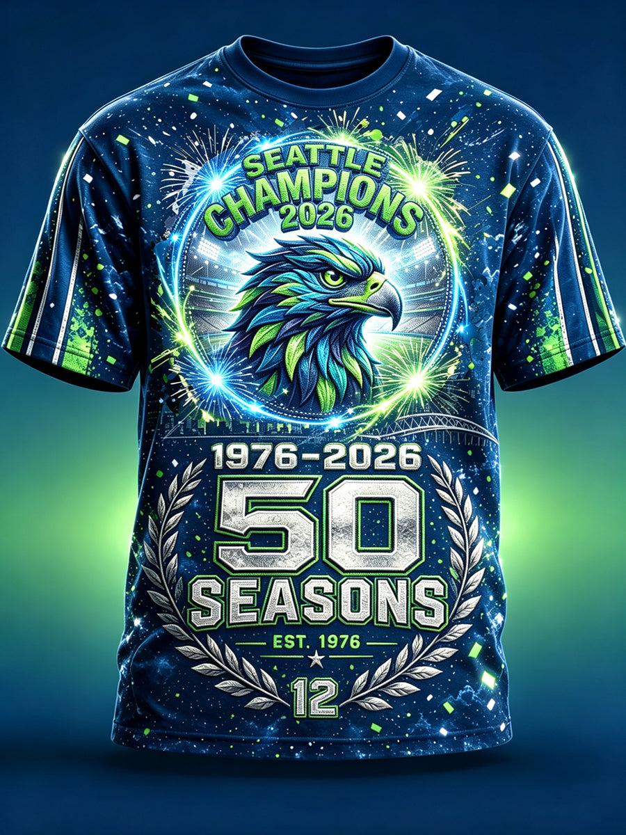 Men's Seattle Football Printed Vintage Fashion Loose Short Sleeve T-Shirt