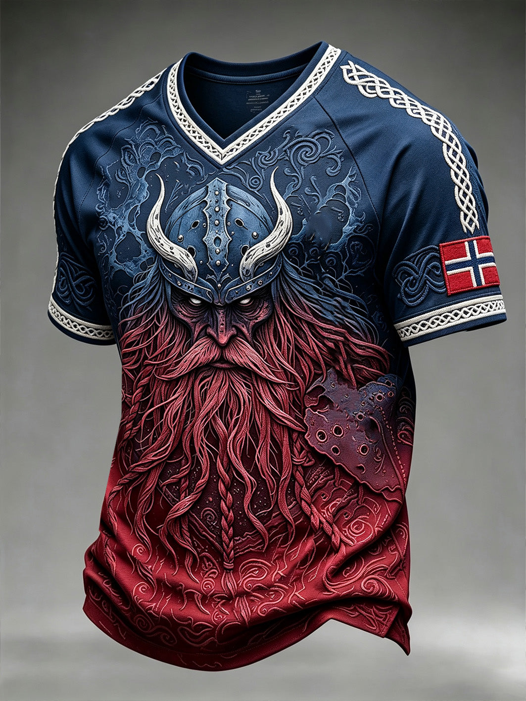 Men's Retro Norwegian Viking Pattern Printed V-neck T-shirt