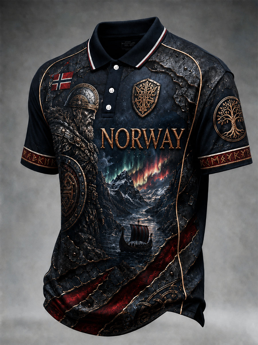 Retro Nordic Viking-Style Graphic Casual Polo Shirt