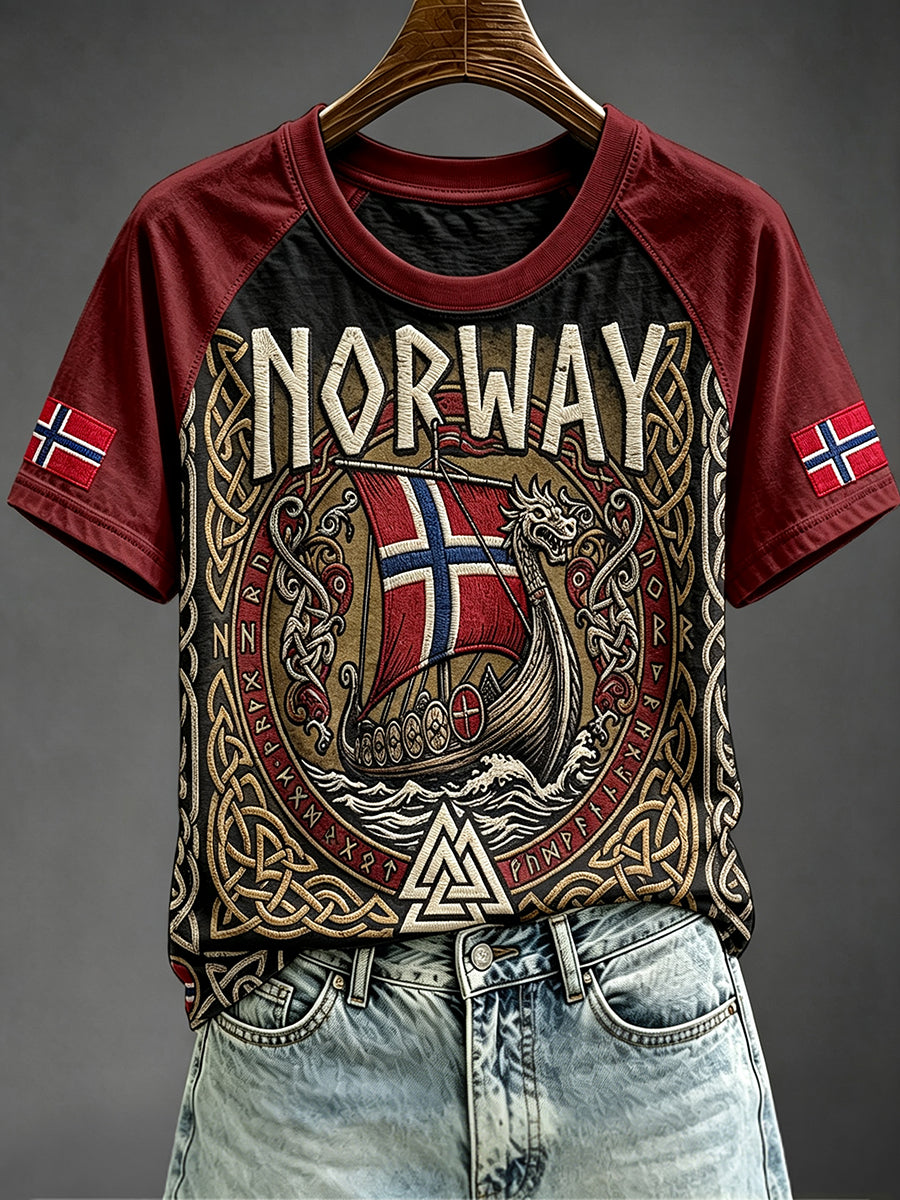 Women's Viking Inspired Pattern Norway Flag Print Round Neck Short Sleeve T-shirt