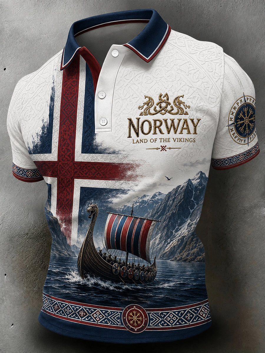 Retro Nordic Viking-Style Graphic Casual Polo Shirt