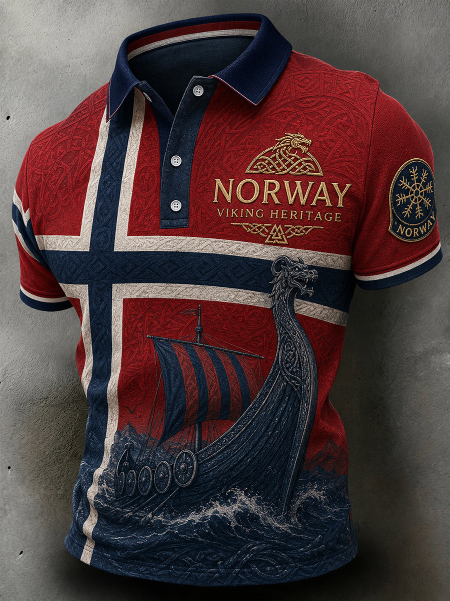 Retro Nordic Viking-Style Graphic Casual Polo Shirt
