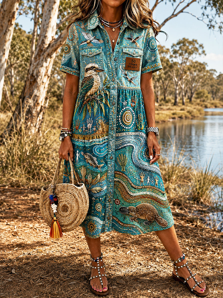 Women's Vintage Australian Ethnic Art Print Casual Dress