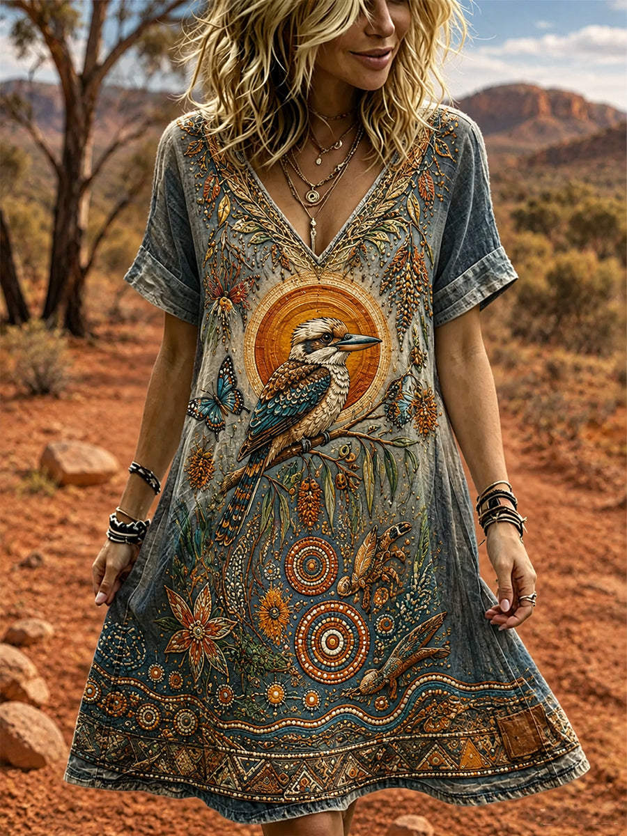 Women's Vintage Australian Ethnic Art Print Casual Dress