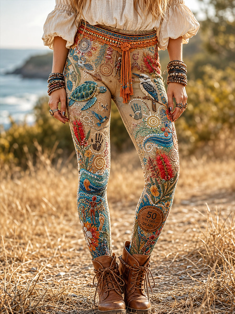 Retro Australian-Inspired Ethnic Art Print Casual Leggings