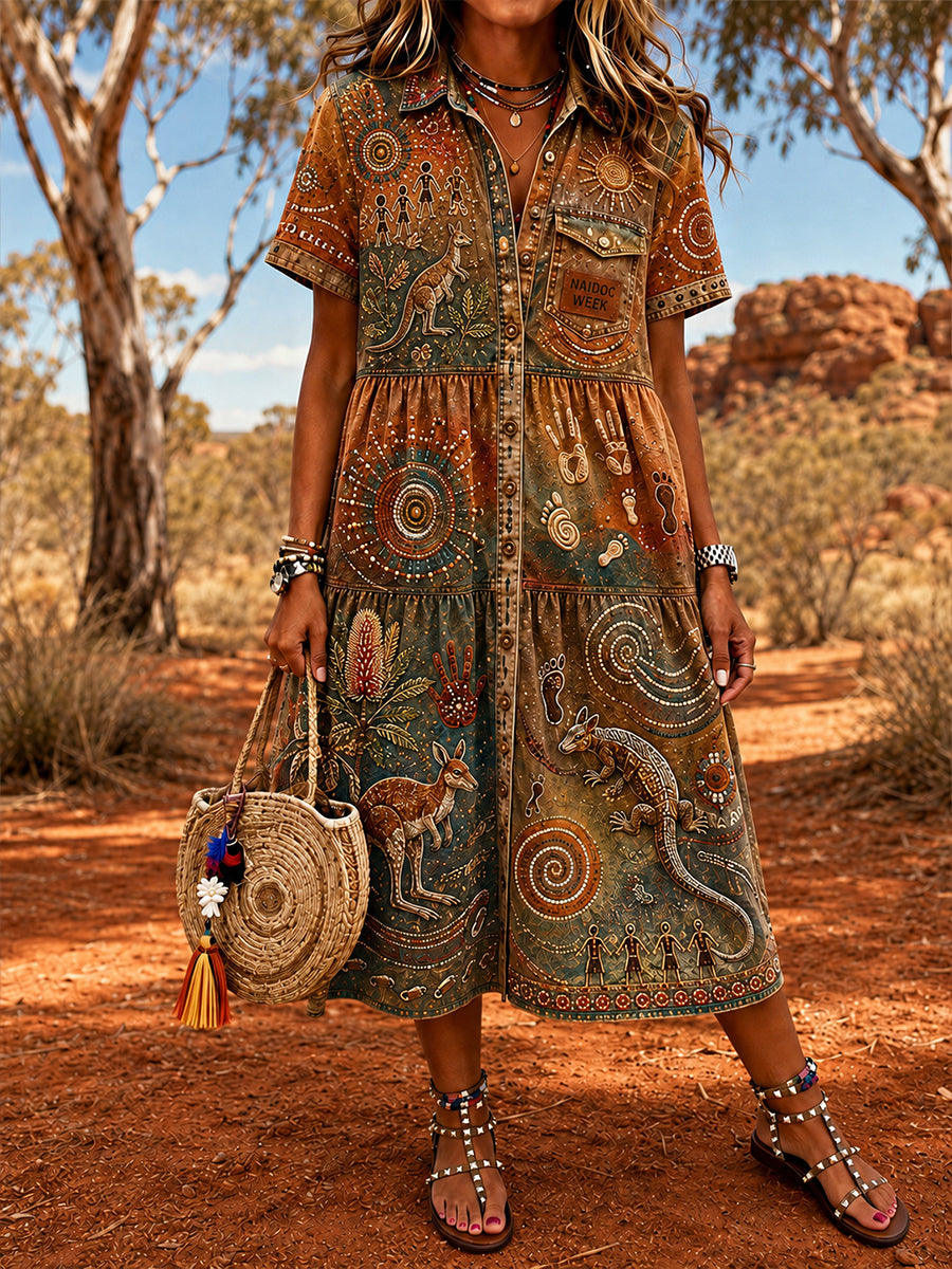 Women's Vintage Australian Ethnic Art Print Casual Dress
