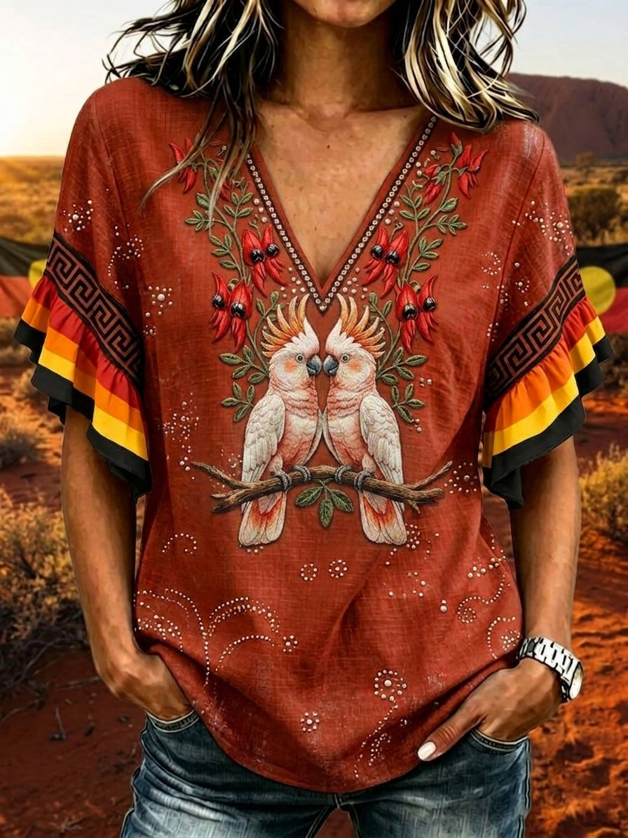 Women's Australia Naidoc Week Cotton Linen Ruffled T-Shirt