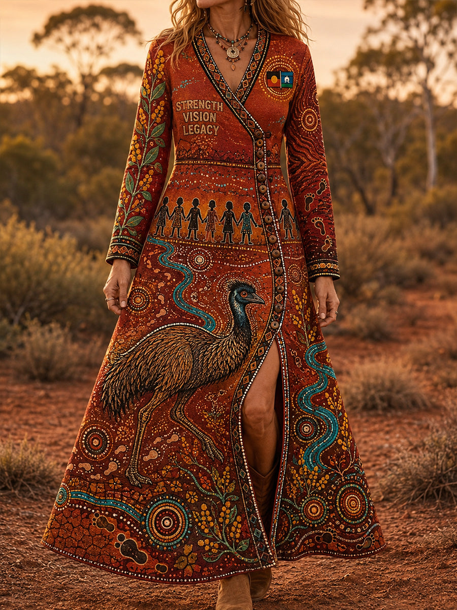 Women's Australia Naidoc Week Art Classy Side Buttons Slit Bottom Flowy Maxi Dress