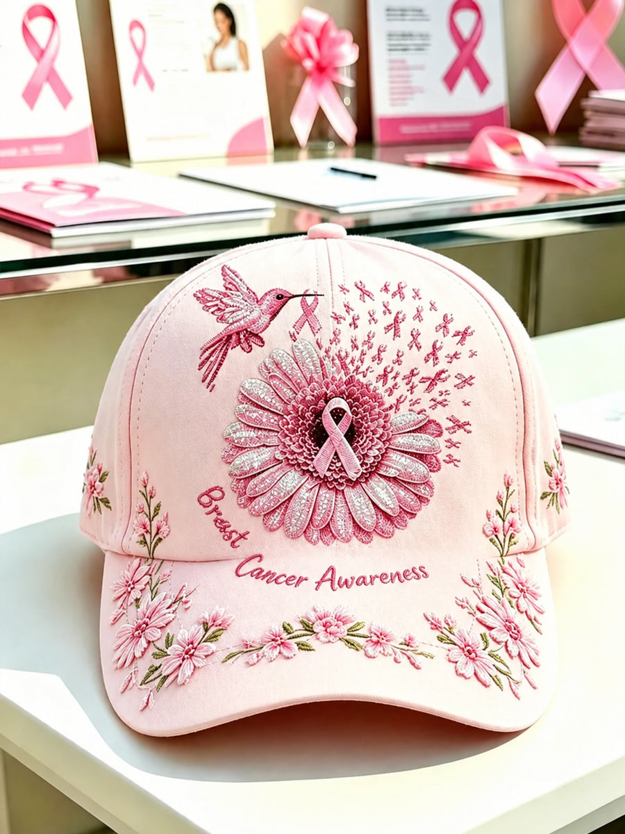 Unisex Breast Cancer Awareness Support Pink Ribbon & Floral Hummingbird Print Hat