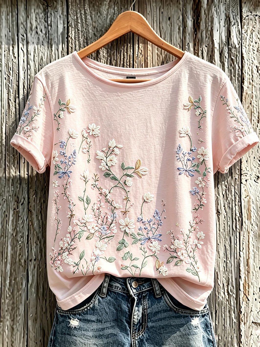 Women's pink flowers pattern printed short-sleeved T-shirt