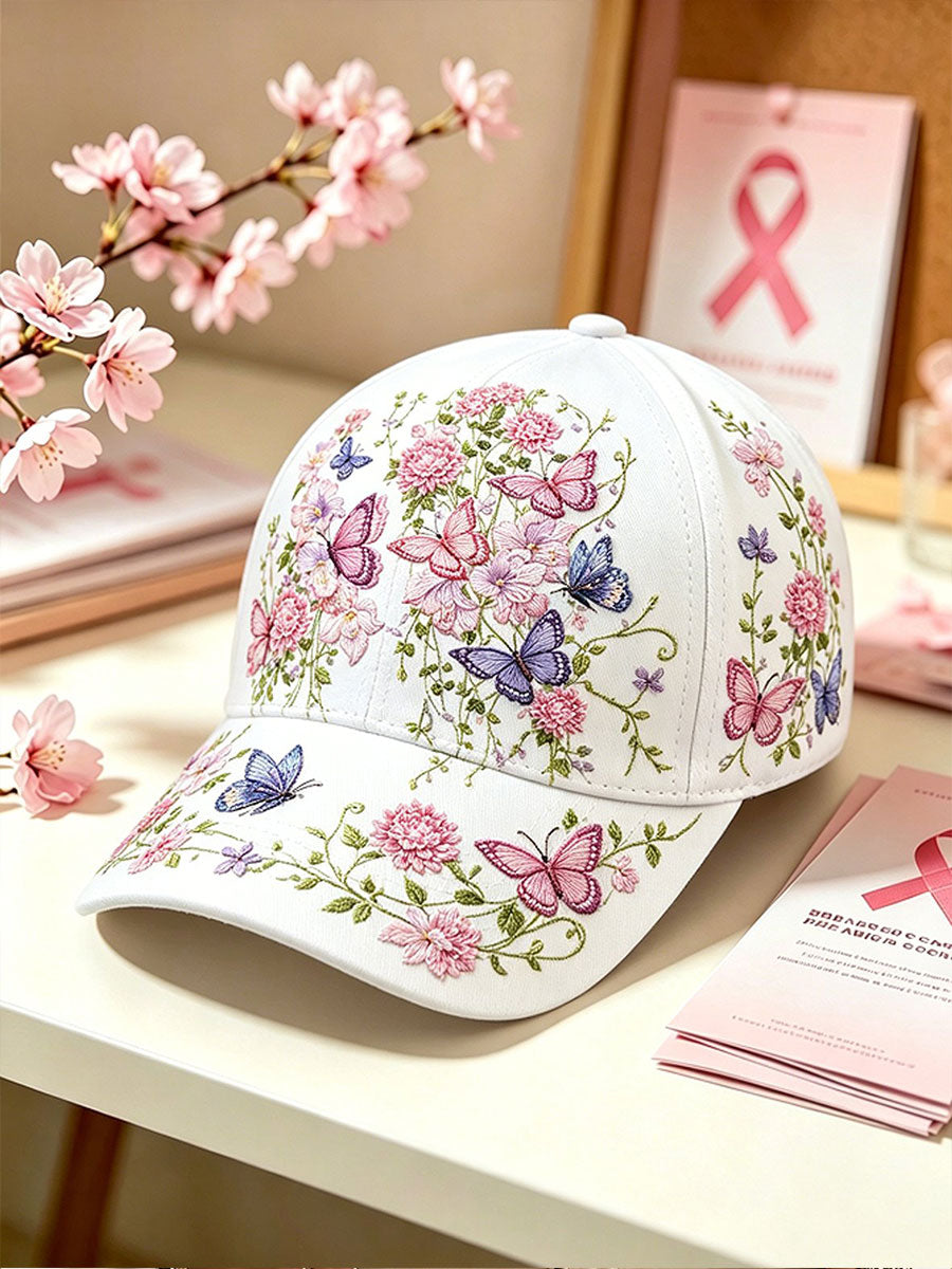 Unisex Breast Cancer Awareness Floral Plaid Butterfly Hat