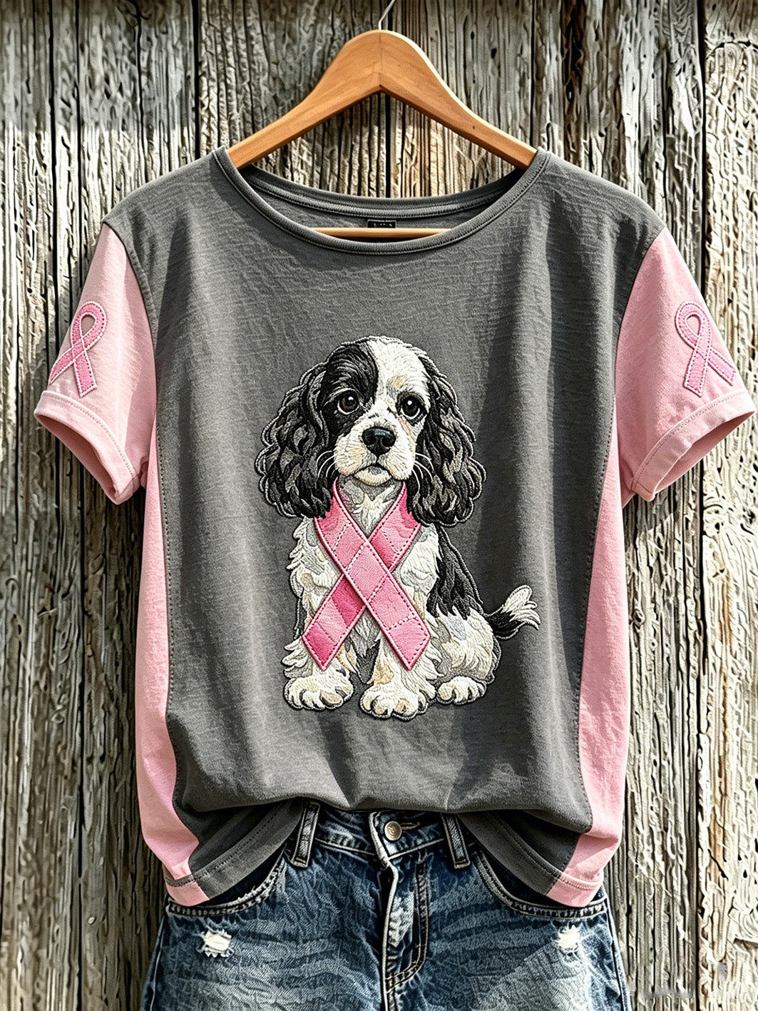 Women's Breast Cancer Cute Dog Pattern Printed Casual Short-Sleeve T-Shirt