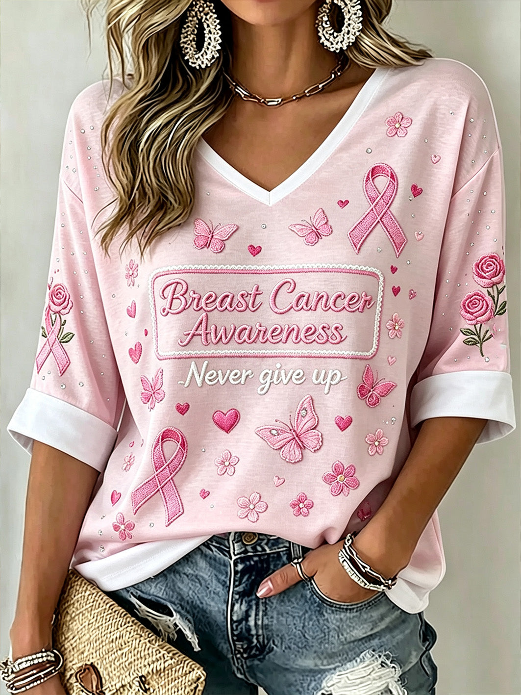 Women's Breast Cancer Awareness Main Pattern Printed Mid-length Sleeves V-Neck T-Shirt
