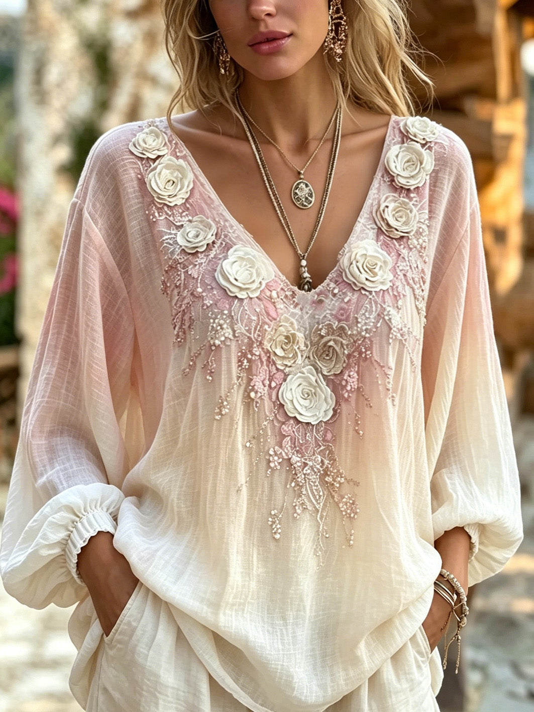 Women's Pink Floral Pattern Print Casual Cotton-Linen Shirt