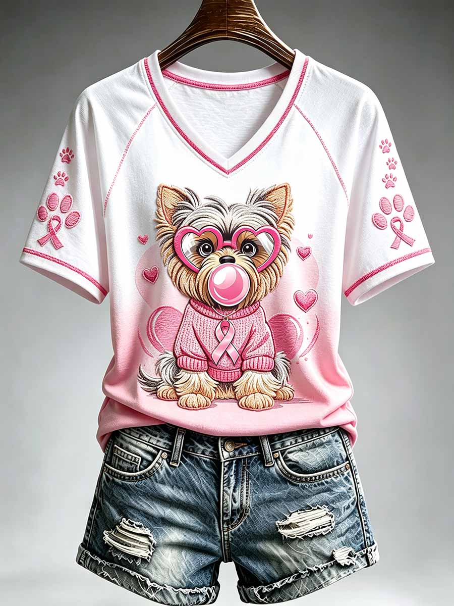 Women's Cat Pattern Breast Cancer Awareness Printed T-Shirt