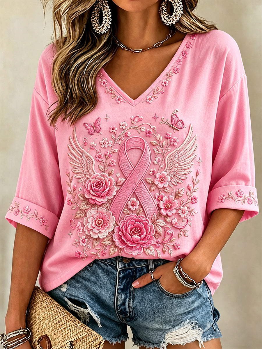 Women's Pink Floral Print Breast Cancer Awareness Support Half-Sleeves V-Neck Tee