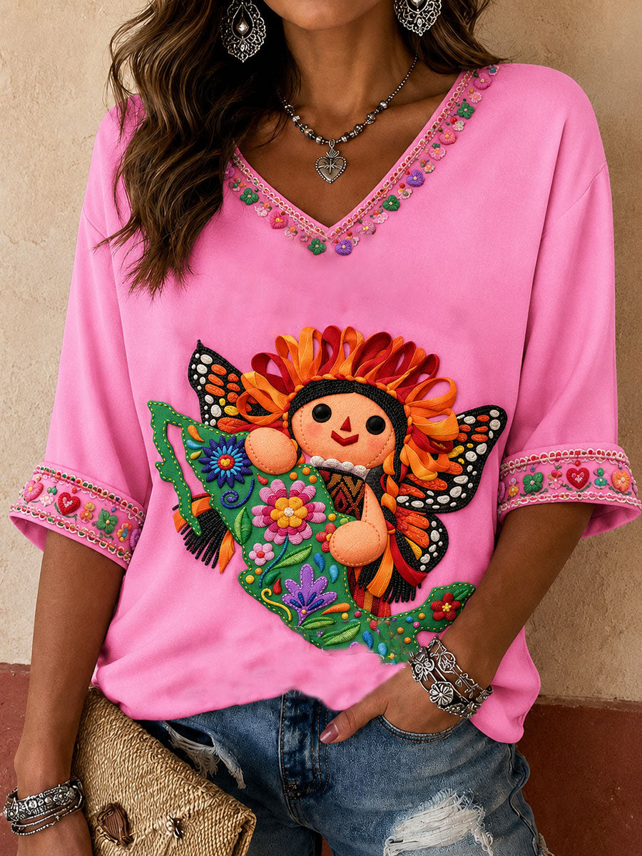Women's Mexico Guelaguetza Lele Doll Art Printed T-shirt
