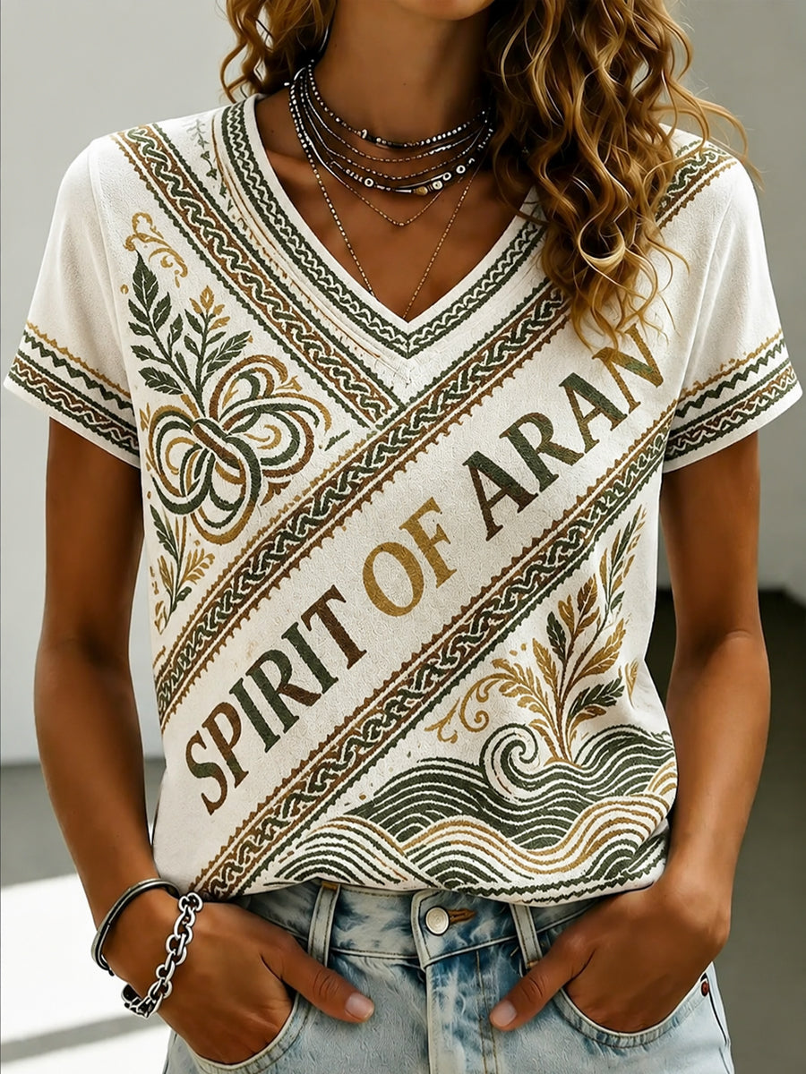 Women's Aran Printed V-neck T-shirt