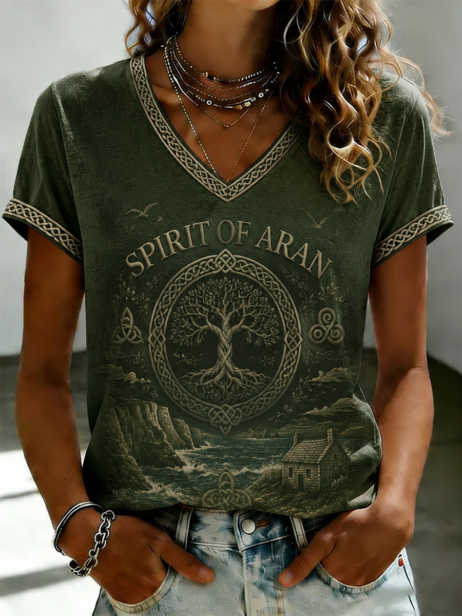Women's Aran Printed V-neck T-shirt