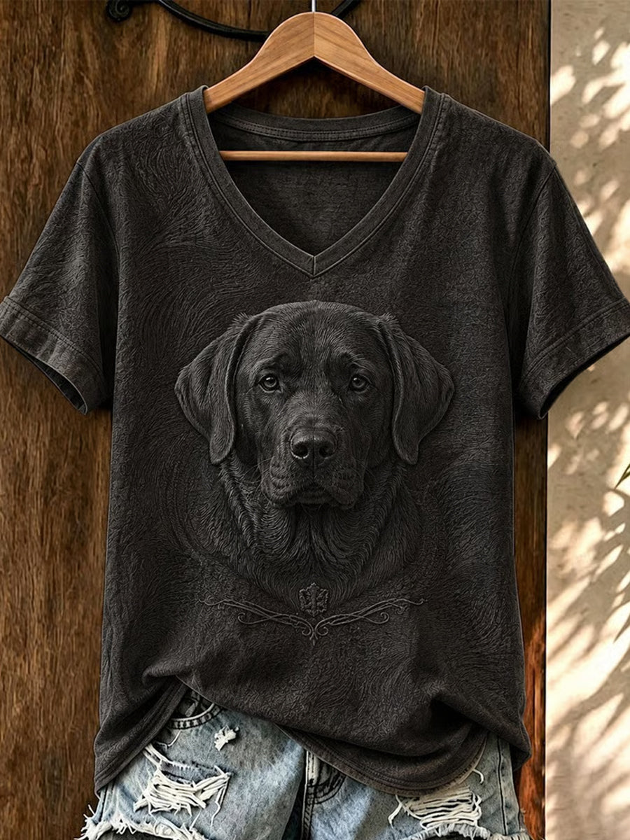 Women's Vintage Dog Art V-Neck Short Sleeve T-shirt