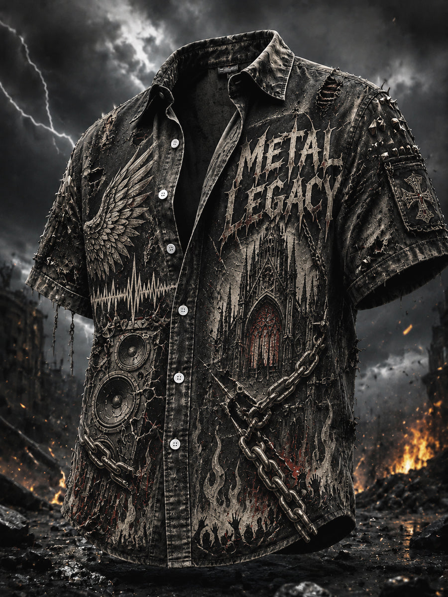 Vintage-Style Distressed Heavy Metal Rock Casual Shirt